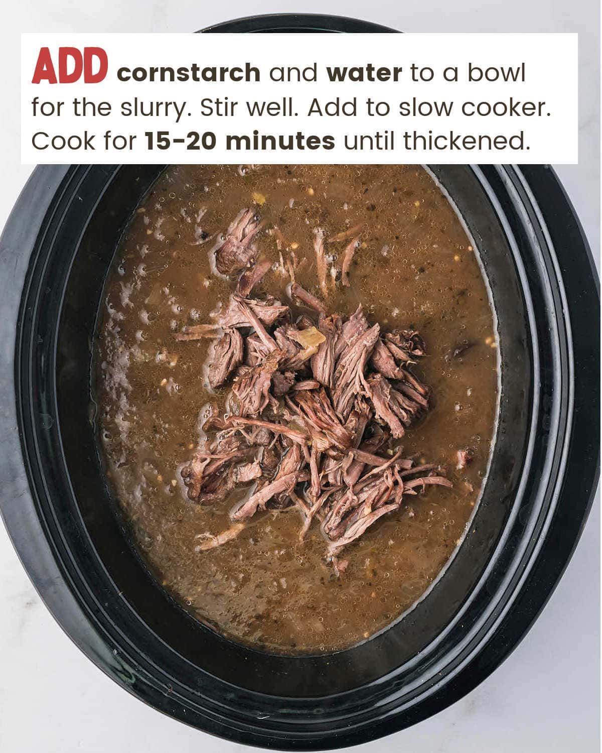 Shredded beef in slow cooker for Crock-Pot Beef and Noodles