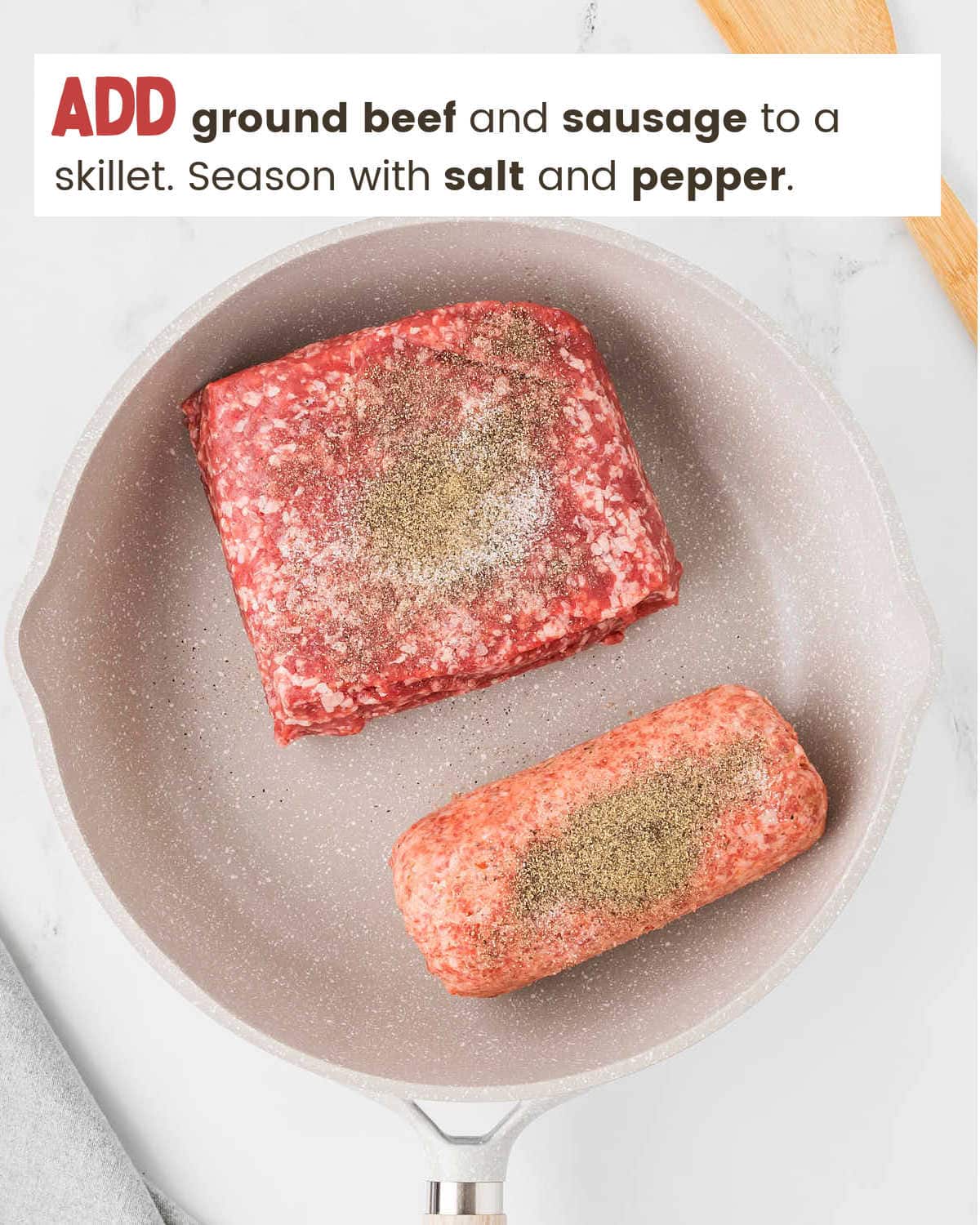 Add ground beef sausage to a skillet for No Bean Chili