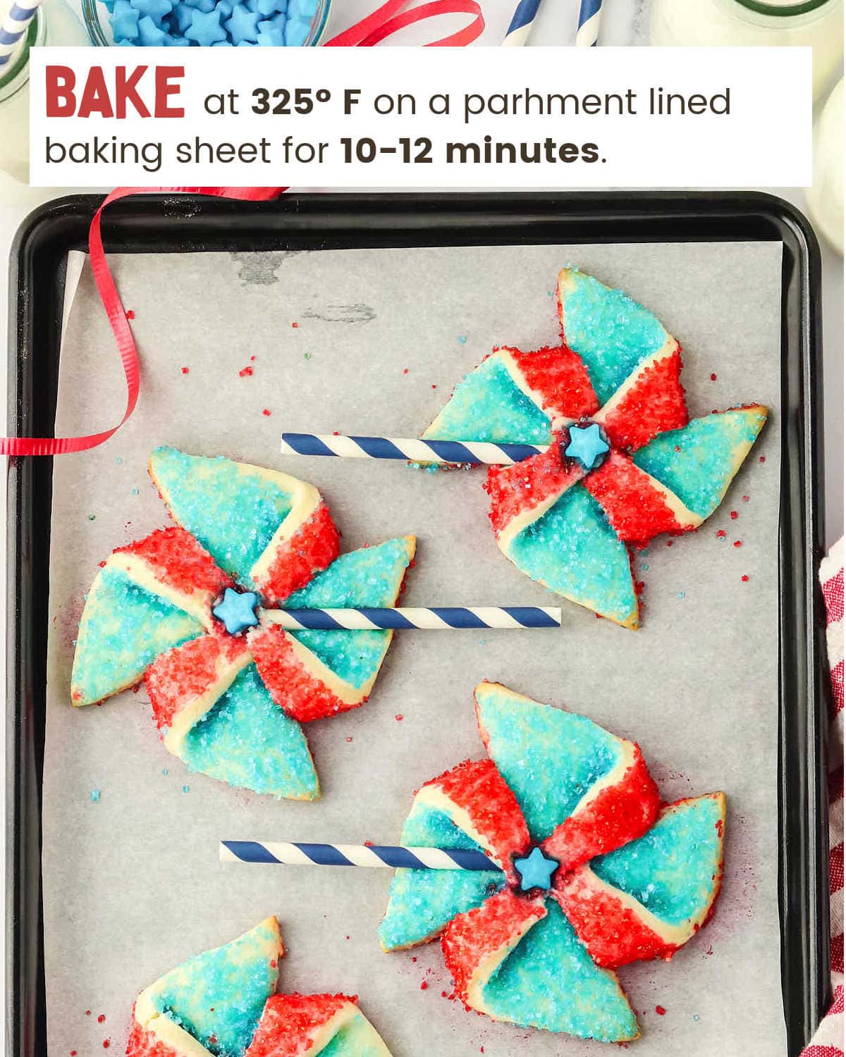 Baked Fourth of July Pinwheel Cookies on sheet pan