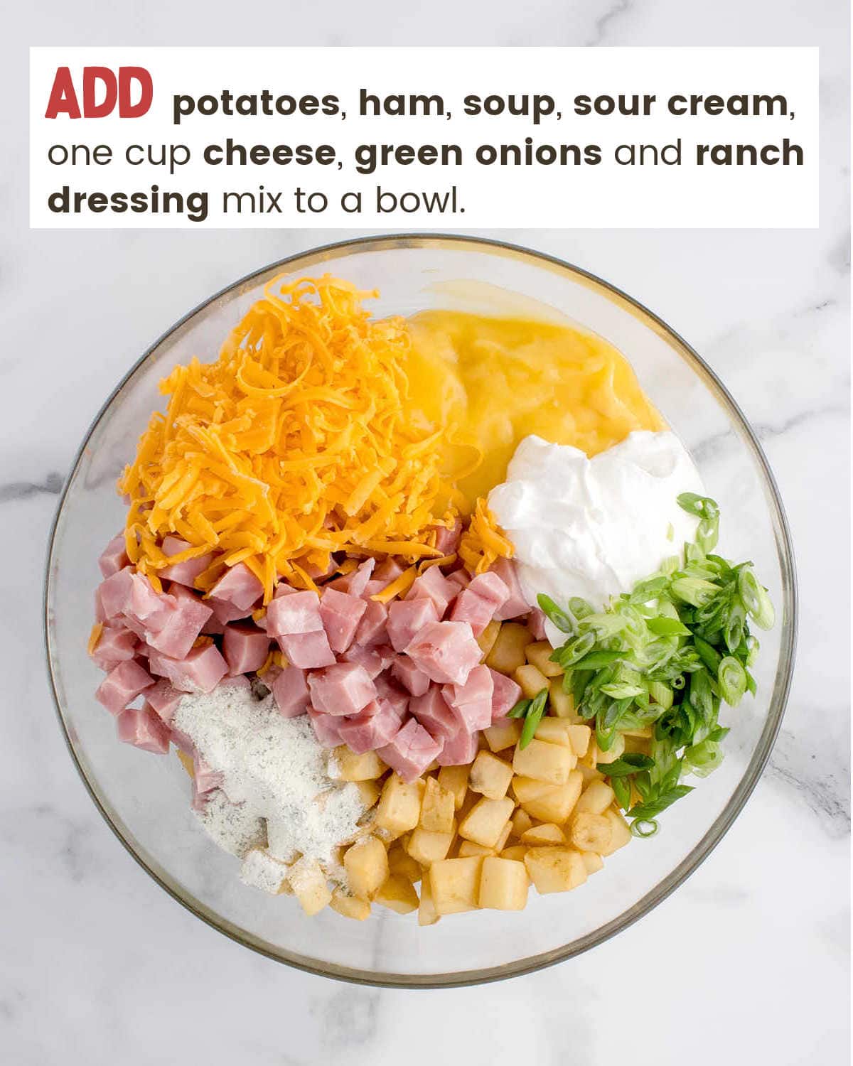 A bowl of ingredients for Ham and Potato Casserole