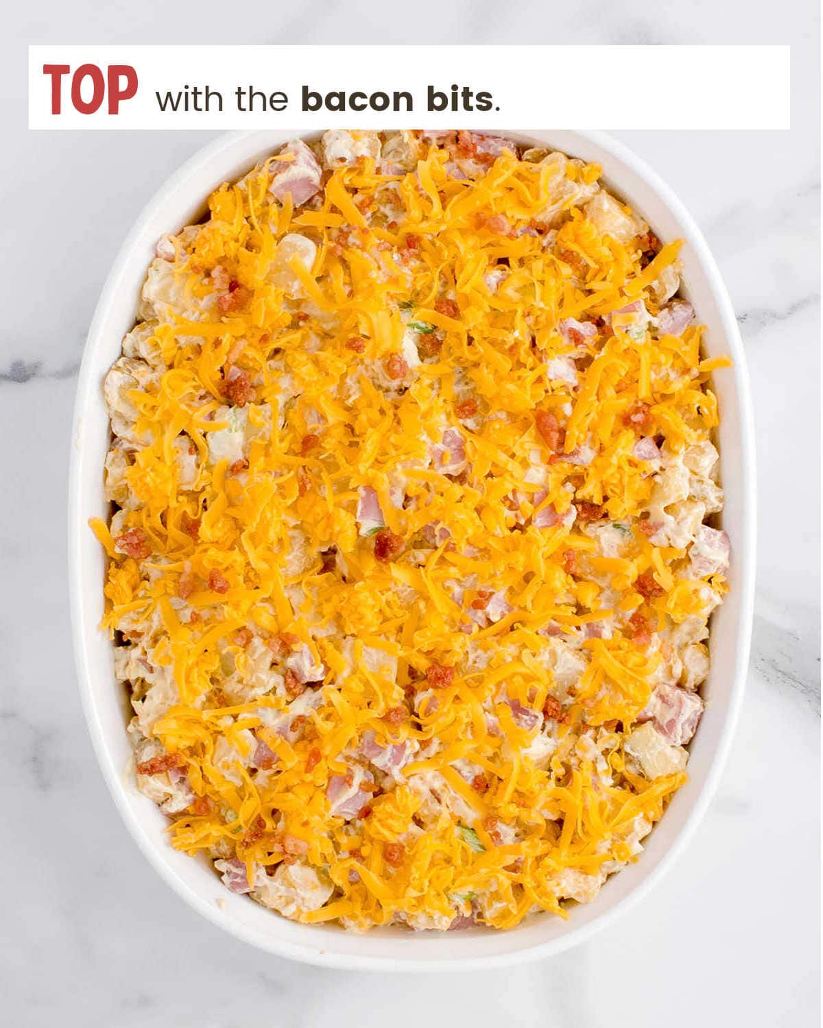 Ham and Potato Casserole topped with bacon bits