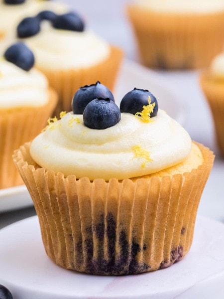 Lemon Blueberry Cupcakes with lemon icing.