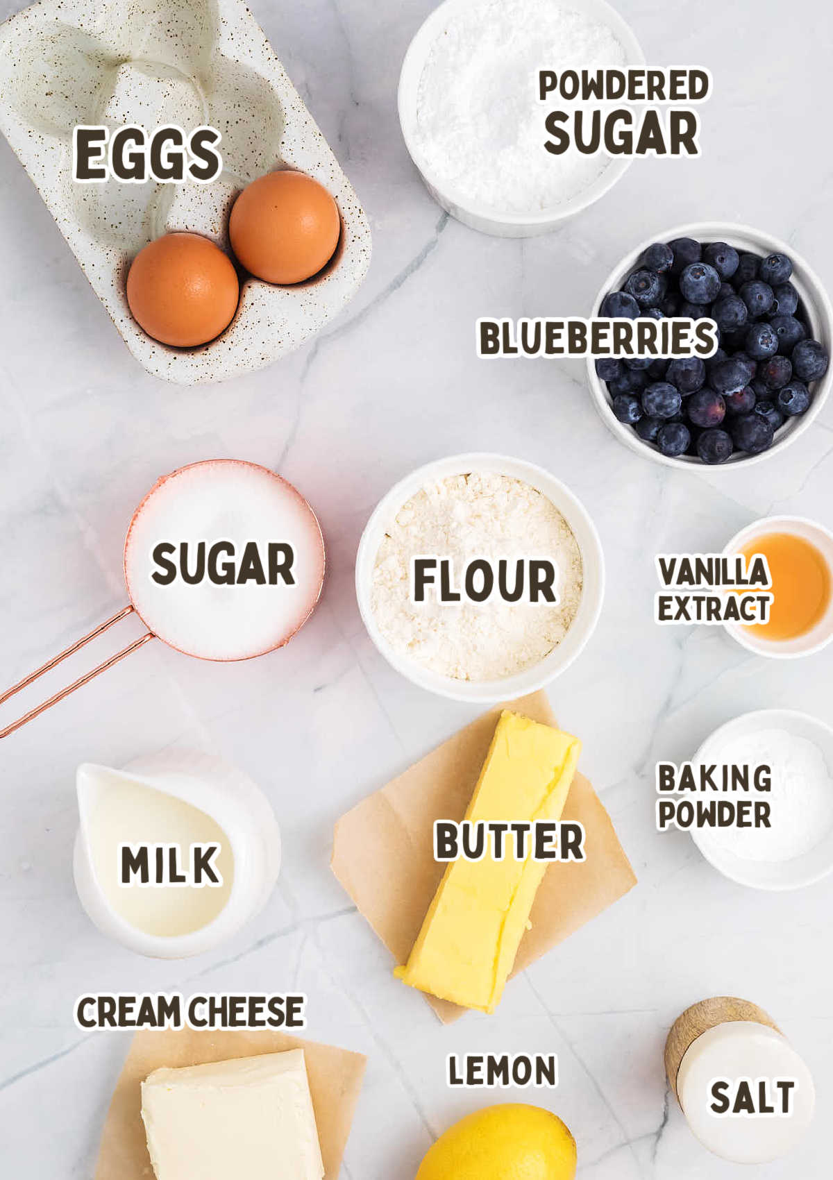 A list of ingredients for a recipe for Lemon Blueberry Cupcakes