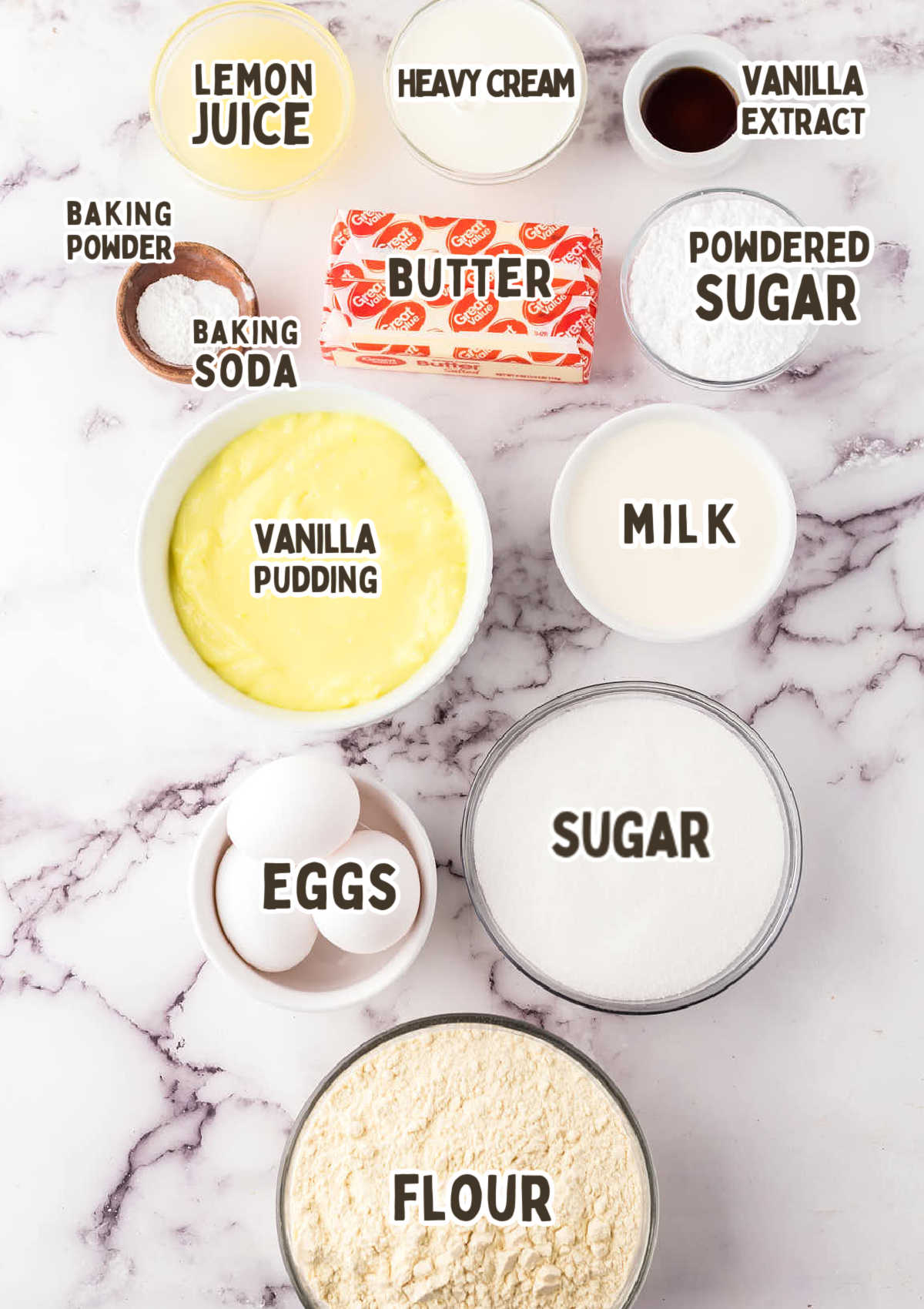 A group of ingredients Lemon Poke Cake.