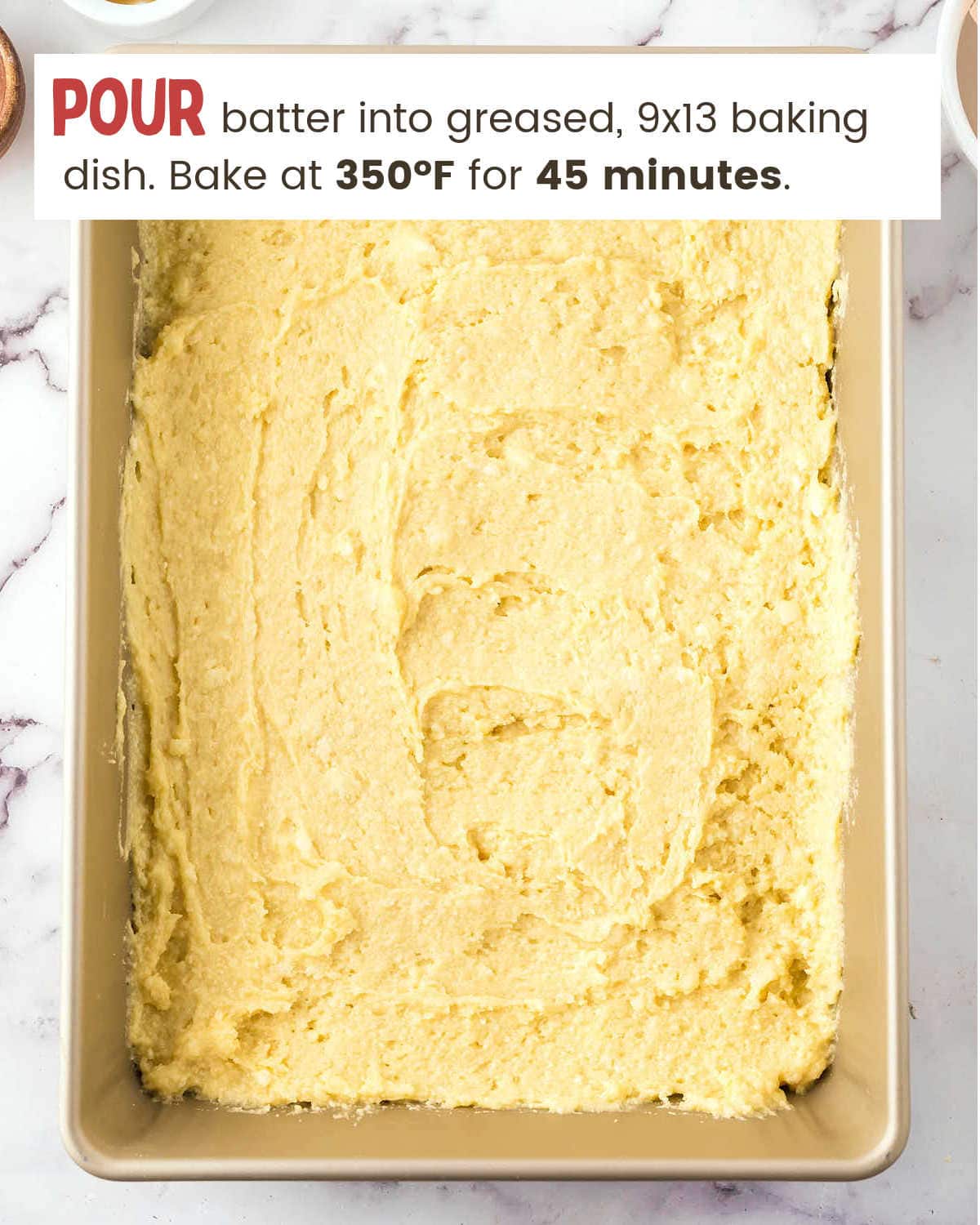 A baking dish with Lemon Poke Cake batter.