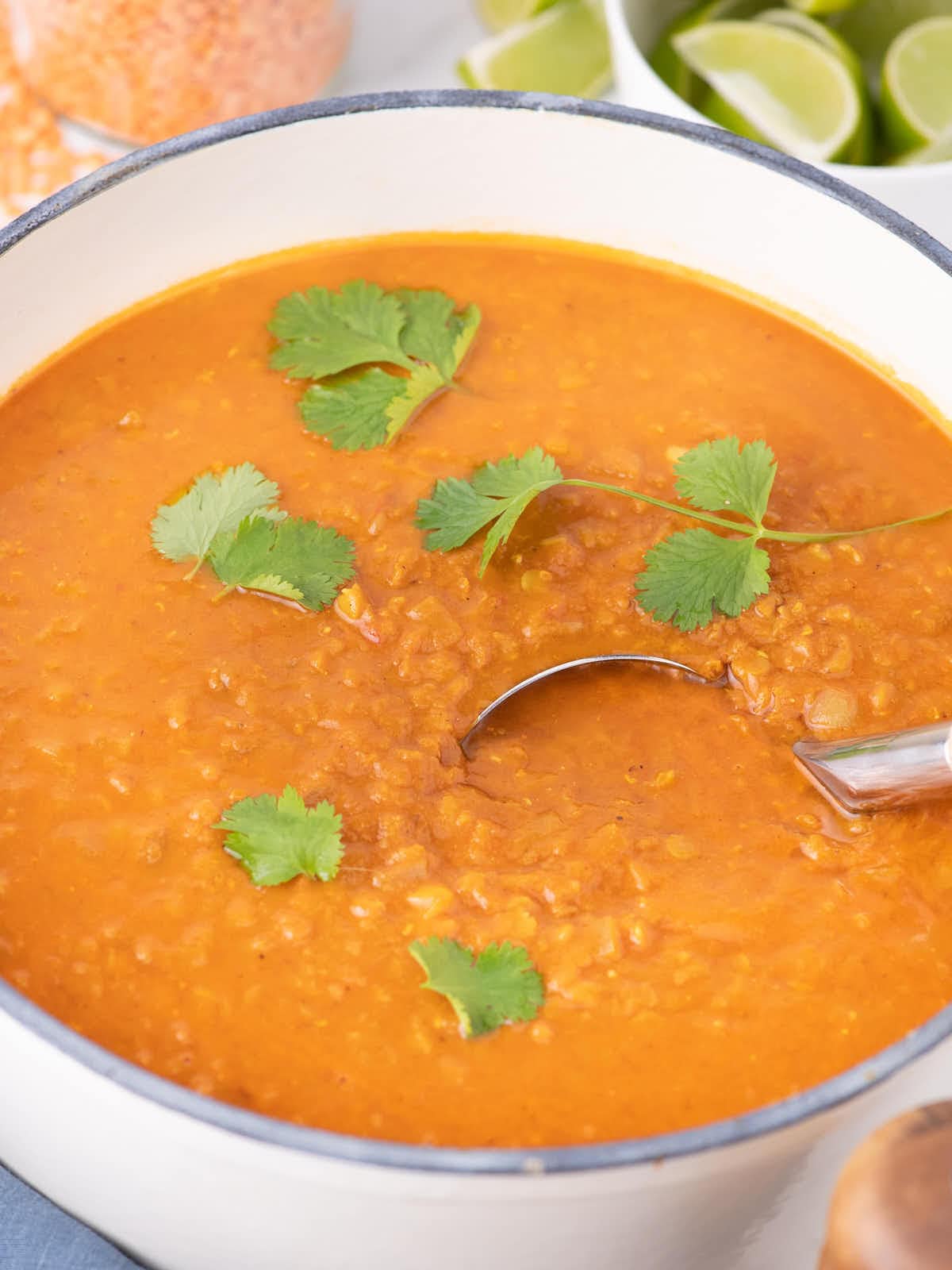 A bowl of Lentil and Tomato Soup with a spoon in it.