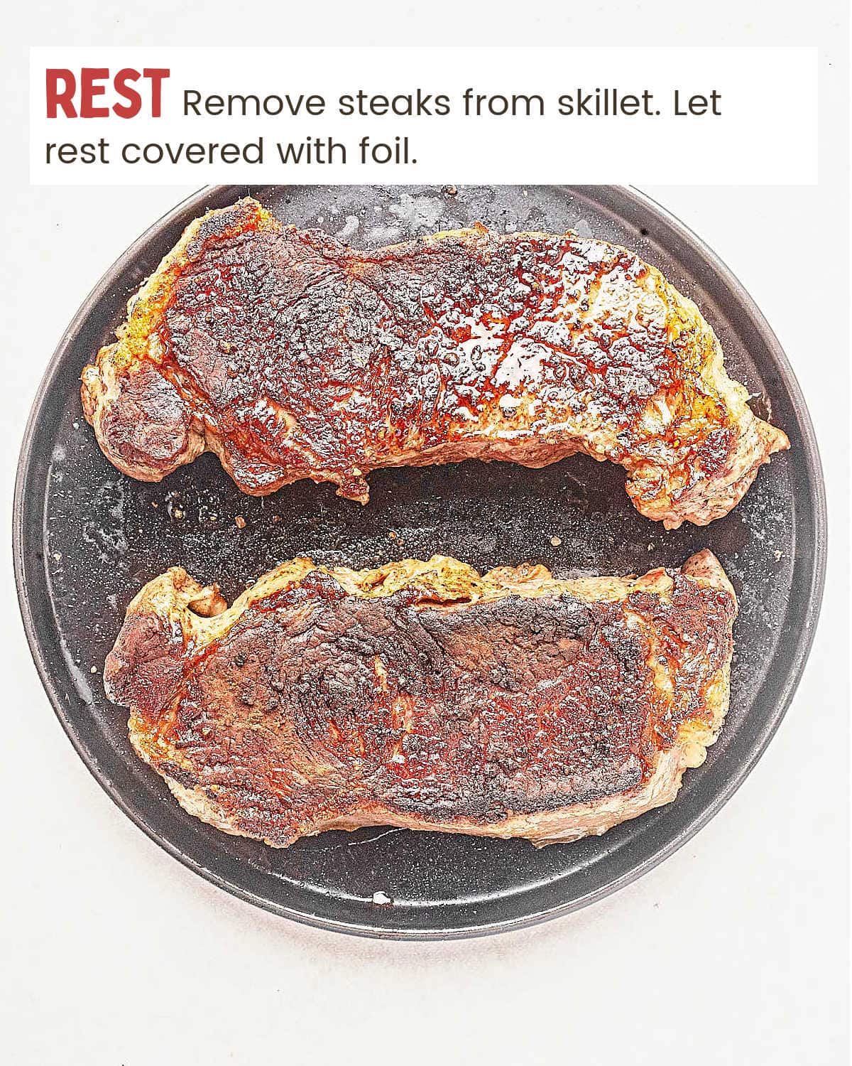 Rest New York Strip Steaks on plate