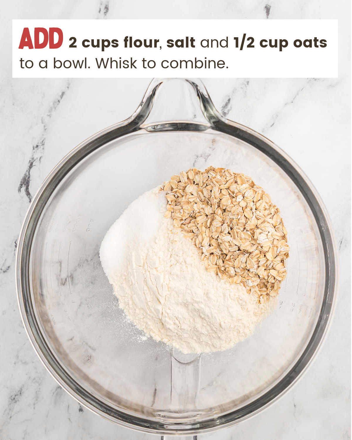 A mixing bowl with oats and flour for Oatmeal Dinner Rolls