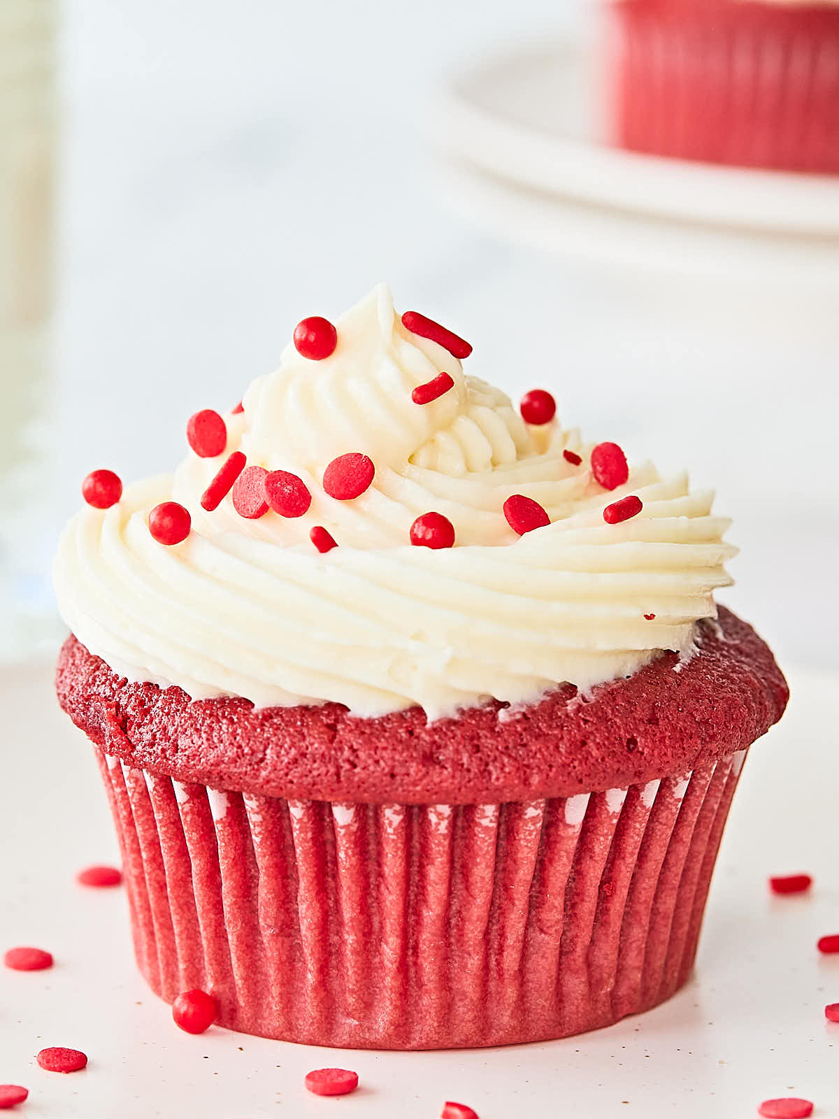 Red velvet cupcakes with cream cheese frosting.