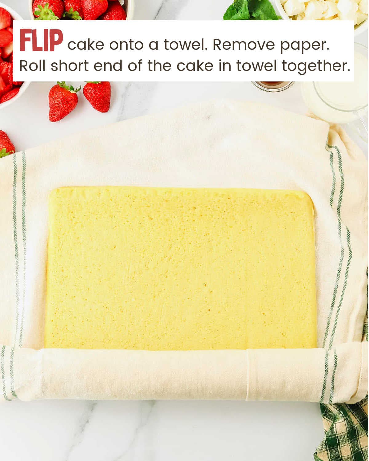 Flip cake for a Strawberry Shortcake Roll.