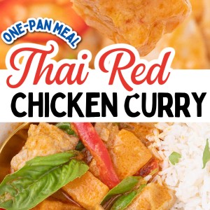 A close up of Thai red curry chicken.