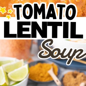 A bowl of tomato lentil soup with a spoon.