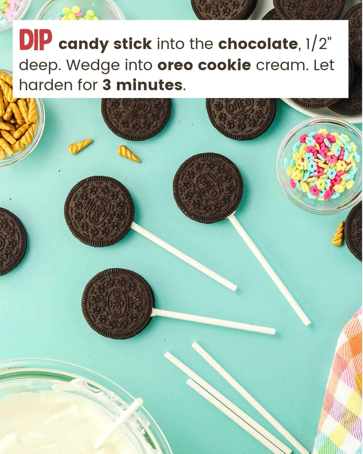 Candy sticks with chocolate and oreo cookies for Unicorn Oreo Pops