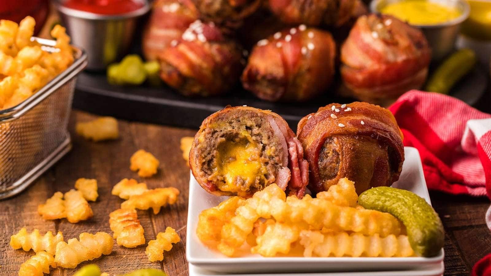 Bacon wrapped meatballs on a plate with fries and pickles.