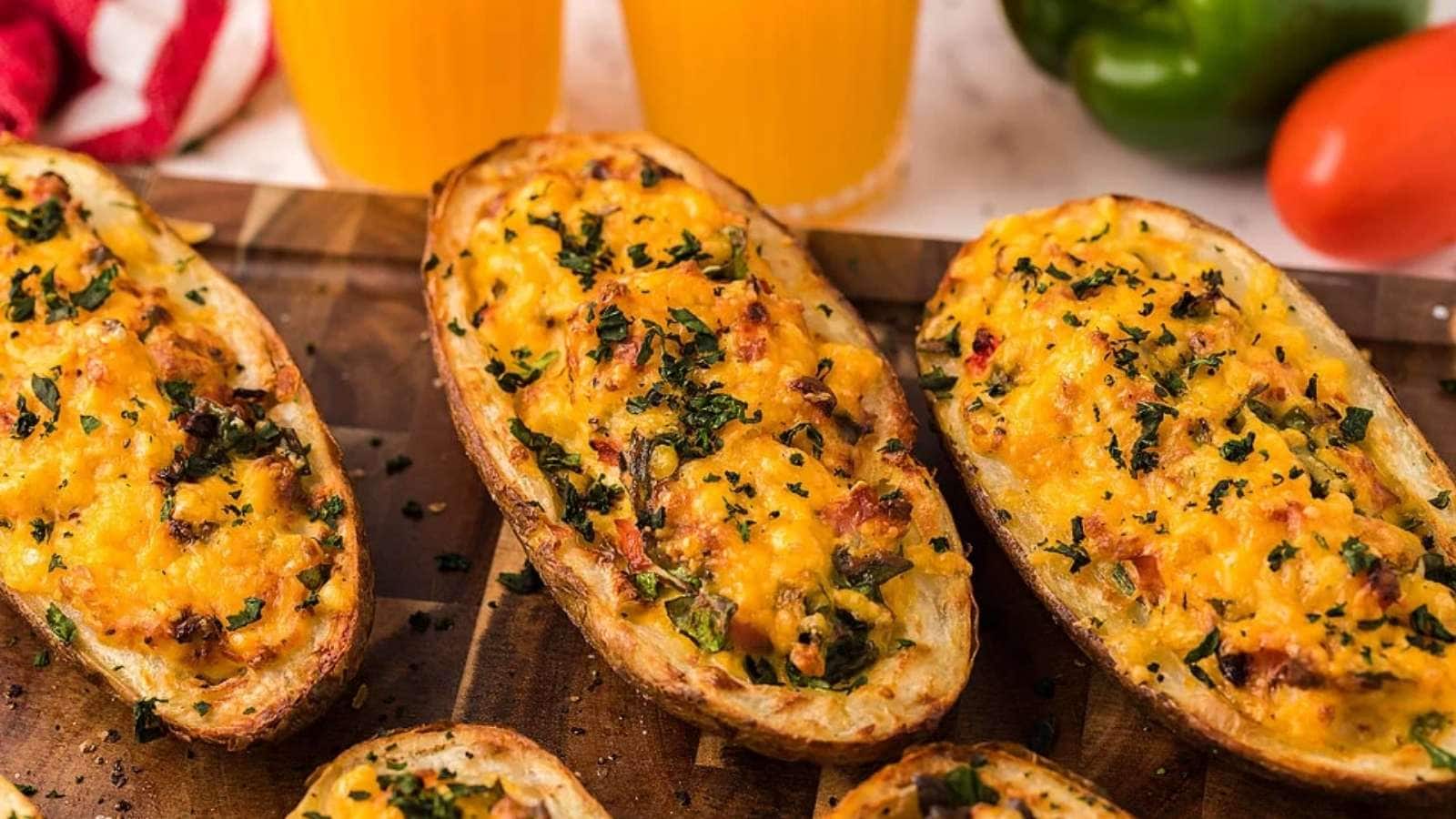 Cheesy breakfast potatoes on a cutting board.