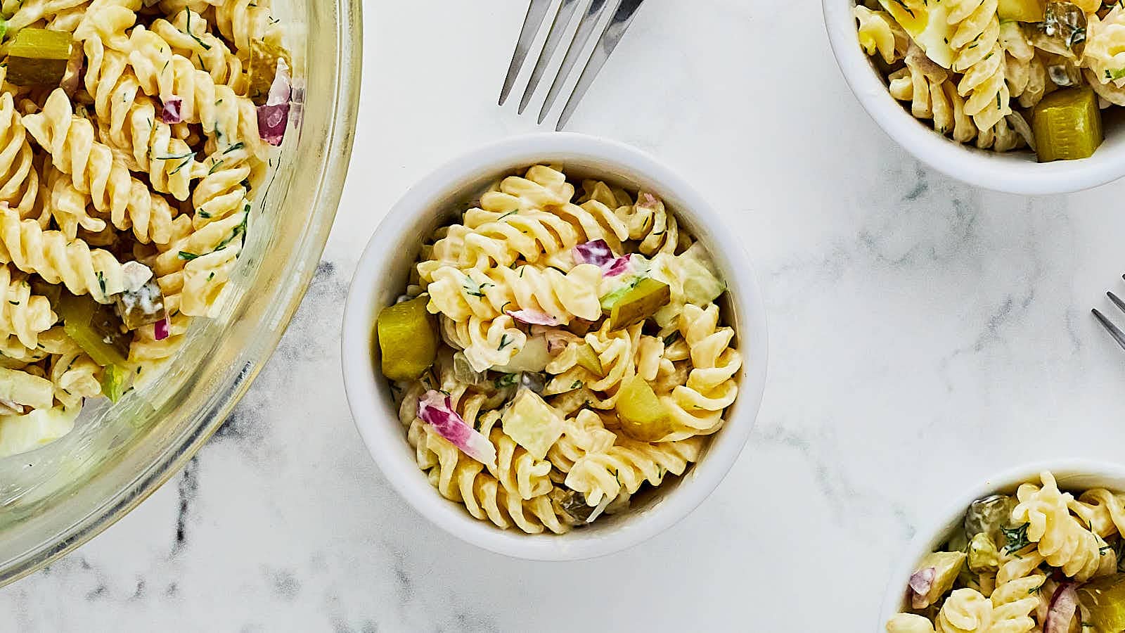 Dill Pickle Pasta Salad recipe by Cheerful Cook.