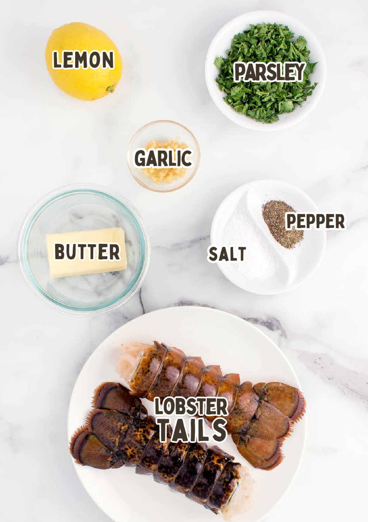Ingredients or Air Fryer Lobster Tails on marble countertop.
