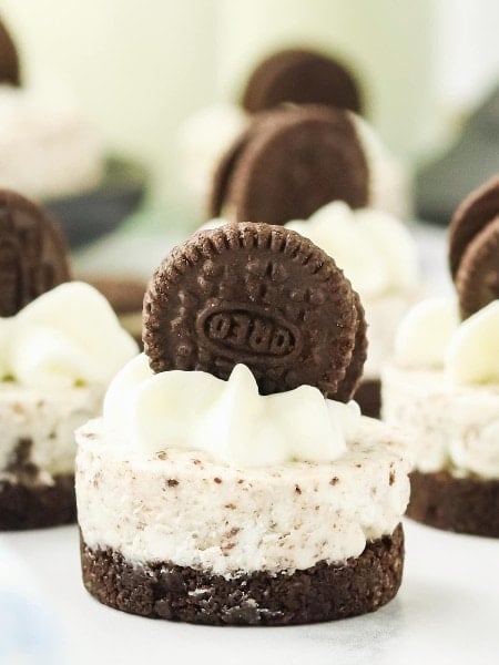 Close-up of a no-bake Oreo Cheesecake bite.
