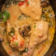 Creamy Chicken and Mushrooms in a creamy sauce in a Crock Pot.