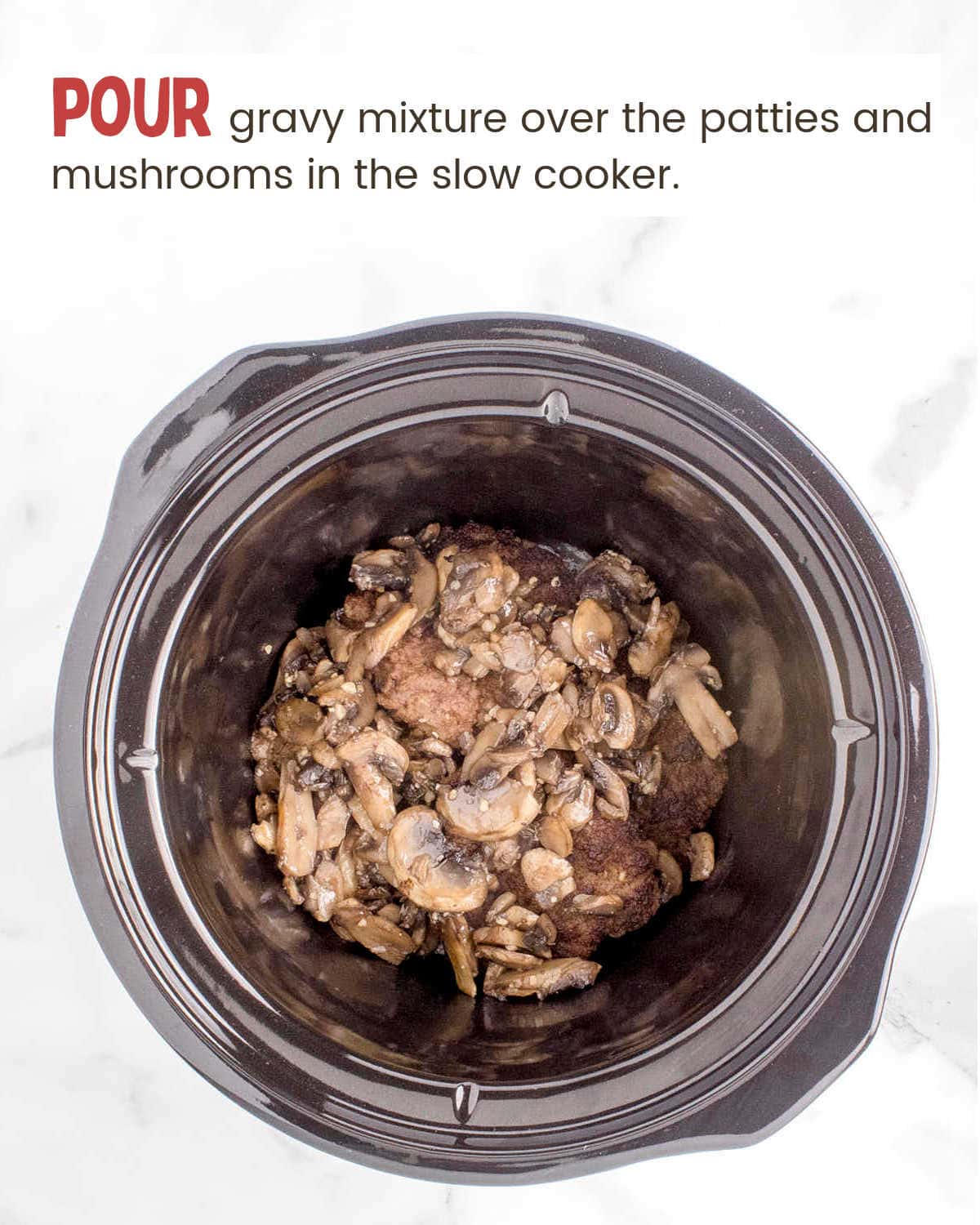 Beef and mushrooms in crock pot for Slow Cooker Salisbury Steak.
