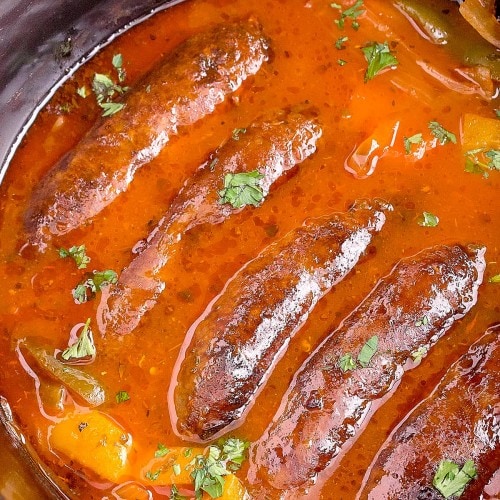 Sausage and Peppers in a slow cooker.