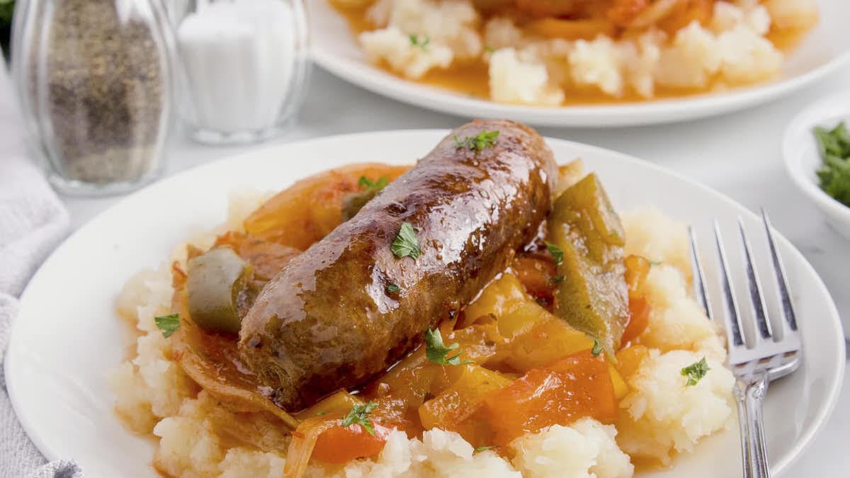 Slow Cooker Sausage and Peppers recipe by Cheerful Cook.