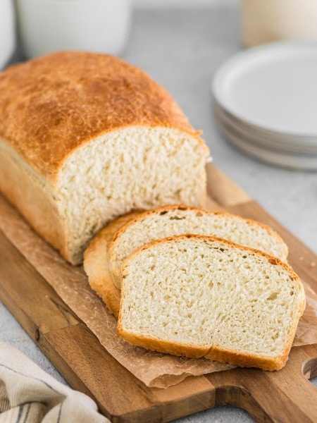 Fresh Sourdough Sandwich Bread served on a wooden board/