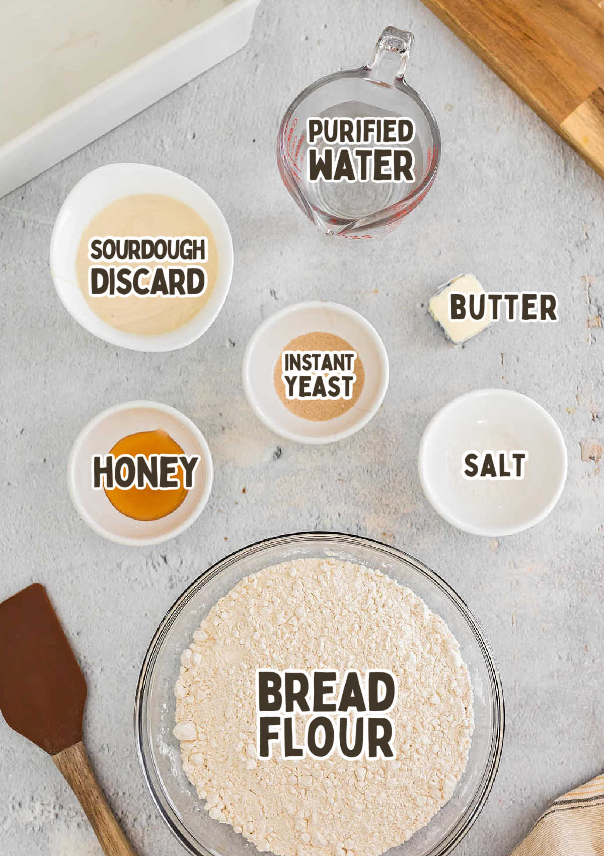 Ingredients for Sourdough Sandwich Bread on countertop
