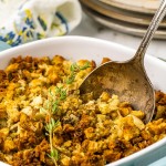 Air Fryer Stuffing in a blue casserole dish.