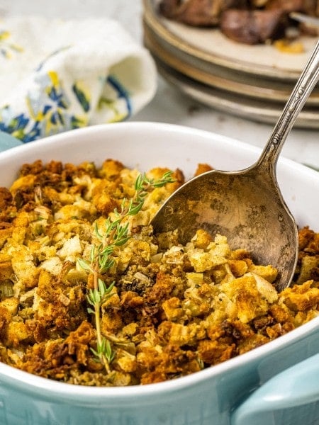 Air Fryer Stuffing in a blue casserole dish.