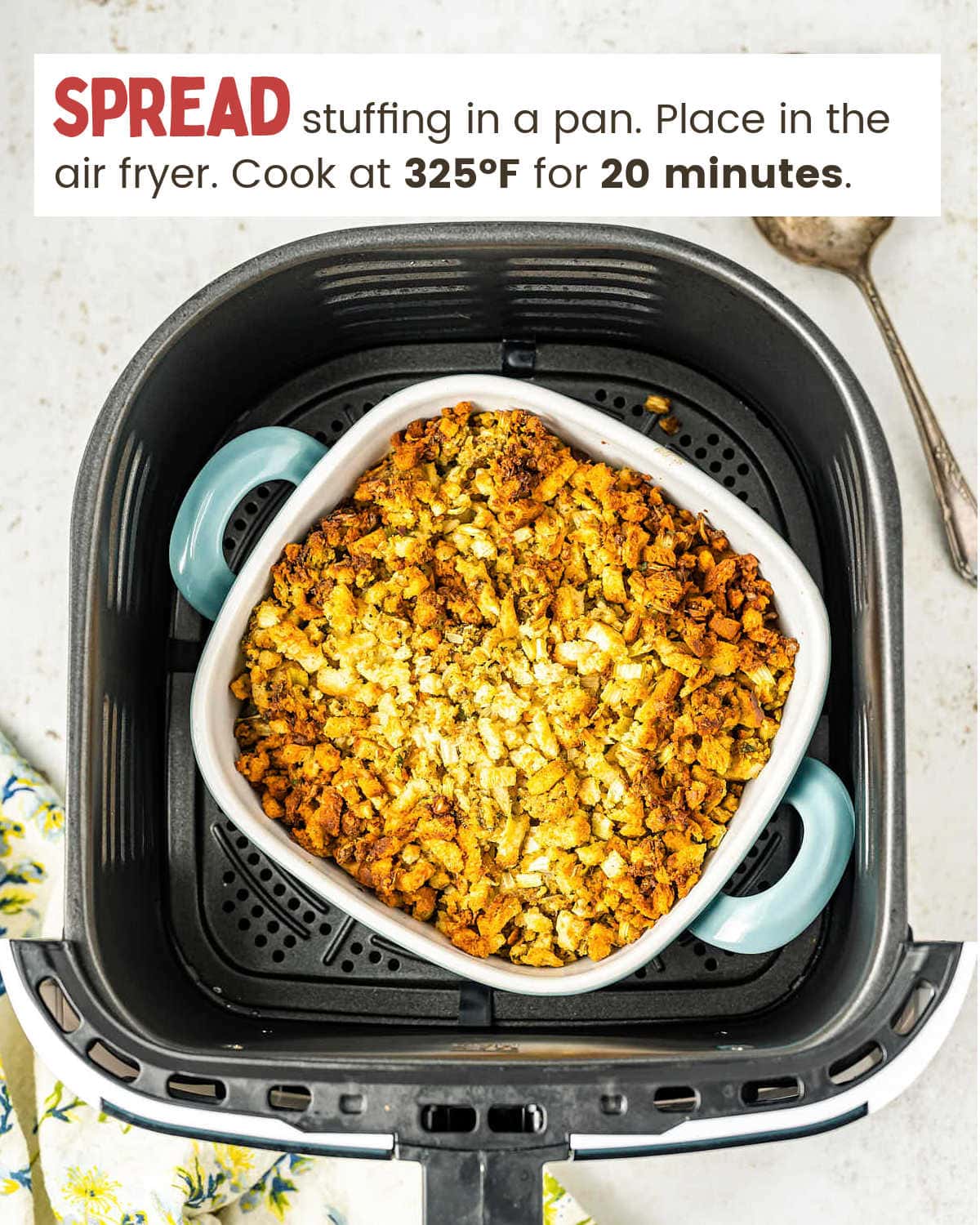 Cooking Air Fryer Stuffing in air fryer basket.