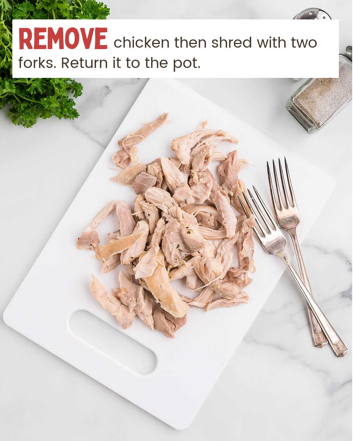 Shredded chicken with two forks on a white cutting board.