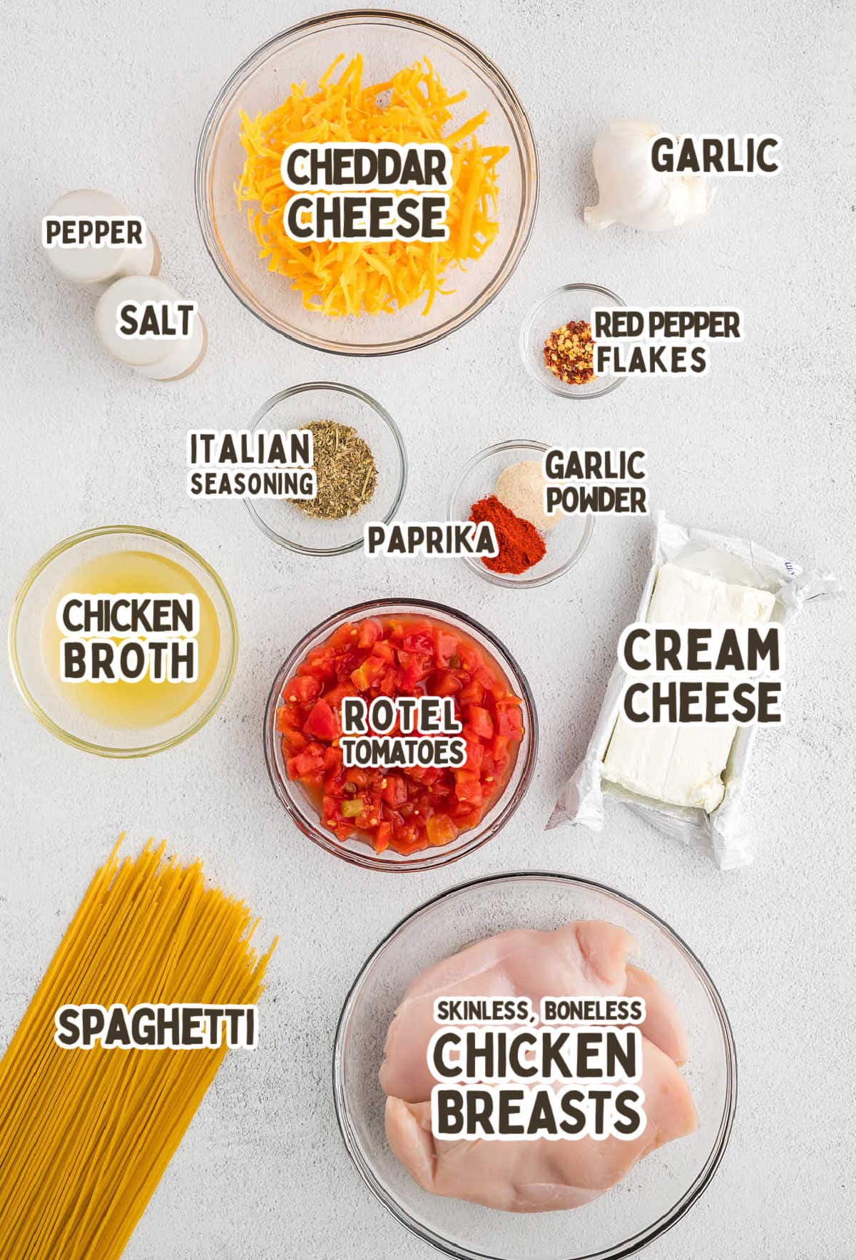 Ingredients for Crock-Pot Chicken Spaghetti on a countertop.