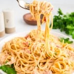 A forkful of Crockpot Chicken Spaghetti.