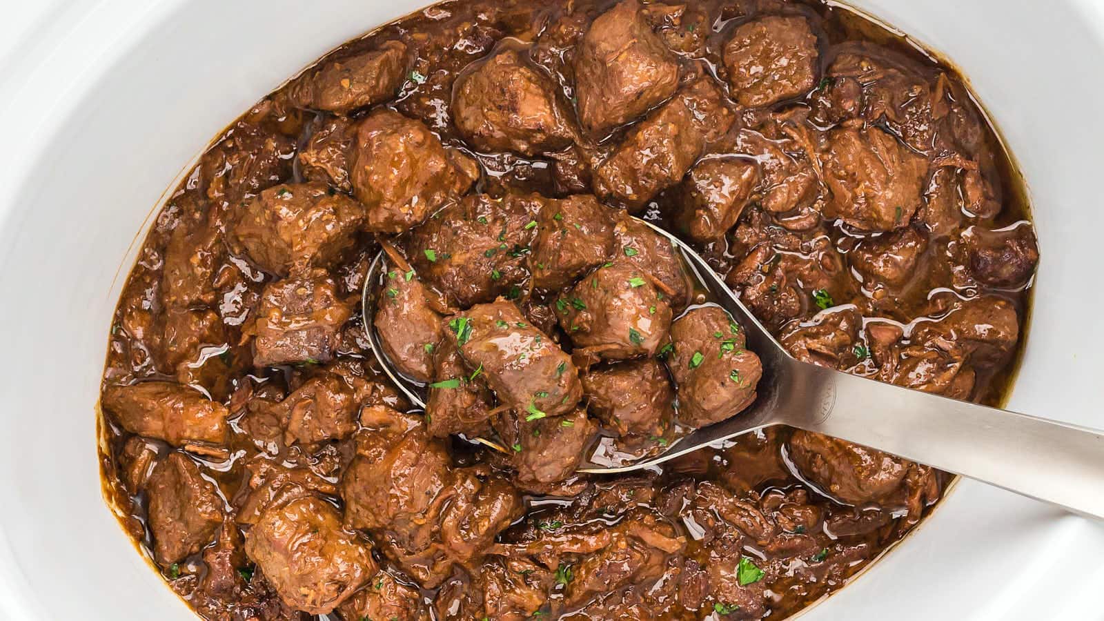 Crockpot Steak Bites recipe in a Cheerful Cook.