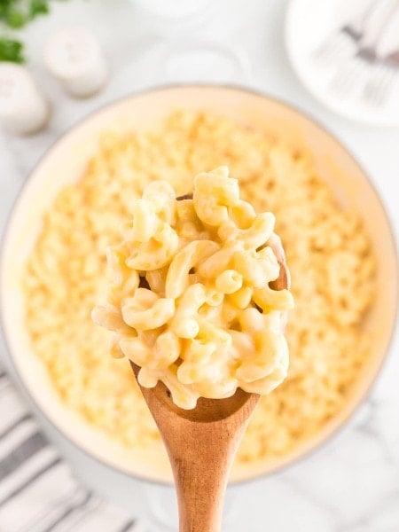 Top-down view of a wooden spoon filled with Gouda Mac and Cheese.
