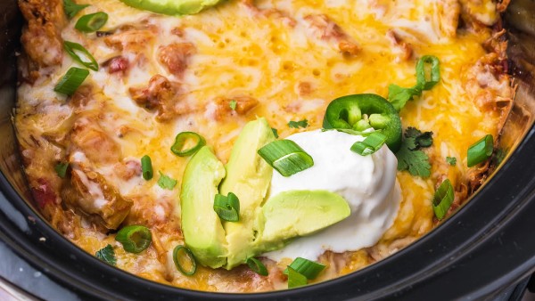 Slow Cooker Chicken Enchilada Casserole recipe by Cheerful Cook.