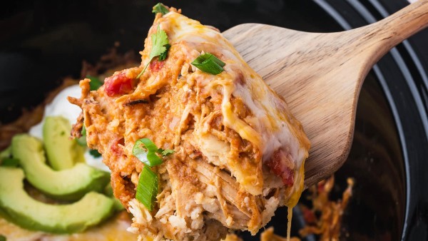 Crockpot Chicken Enchilada Casserole recipe by Cheerful Cook.
