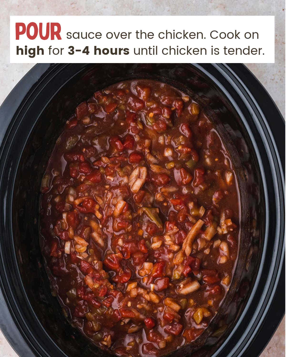 Ingredients for Slow Cooker Chicken Enchilada Casserole in a crock-pot.