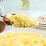 Closeup of a forkful of Sour Cream Mashed Potatoes.