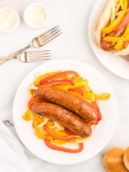 Topdown view of two Air Fryer Chicken Sausage with Peppers.