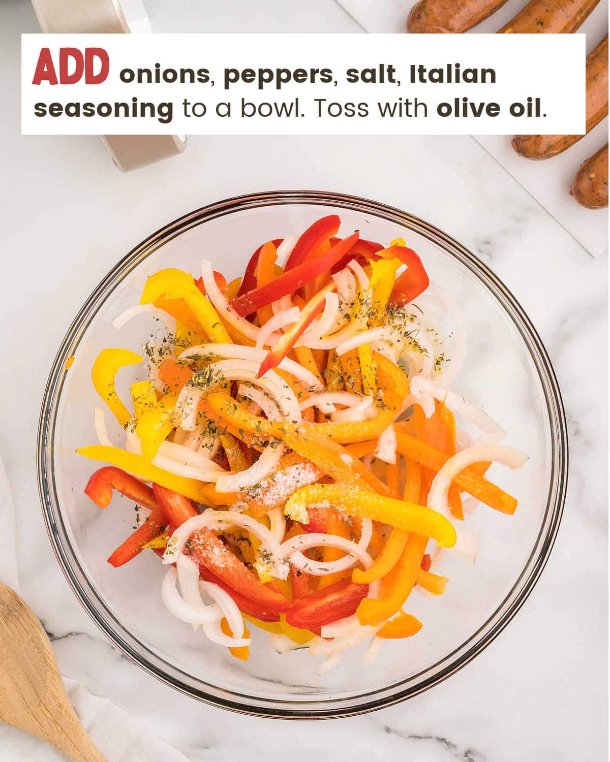 Drizzling sliced bell peppers with olive oil for Air Fryer Chicken Sausage and Peppers.