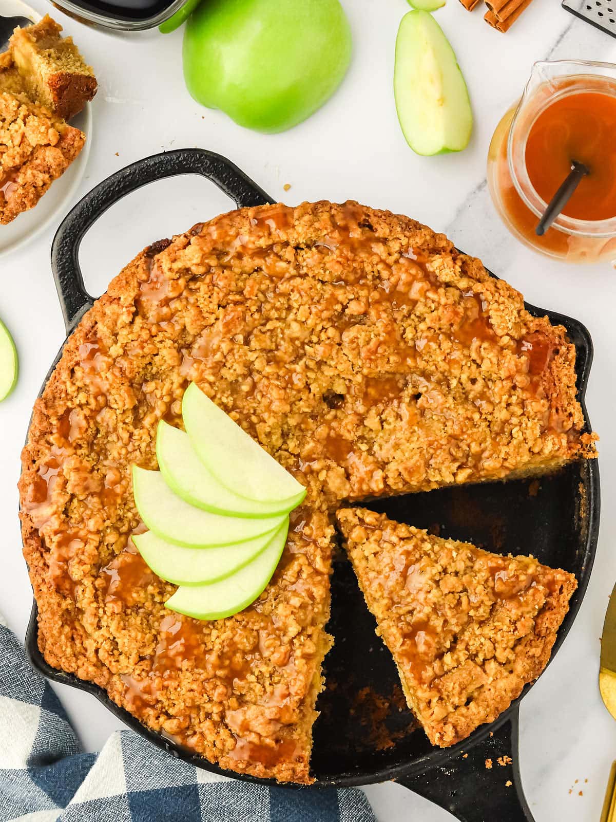 Topdown view of a Apple Cake made in Cast Iron Skillet.