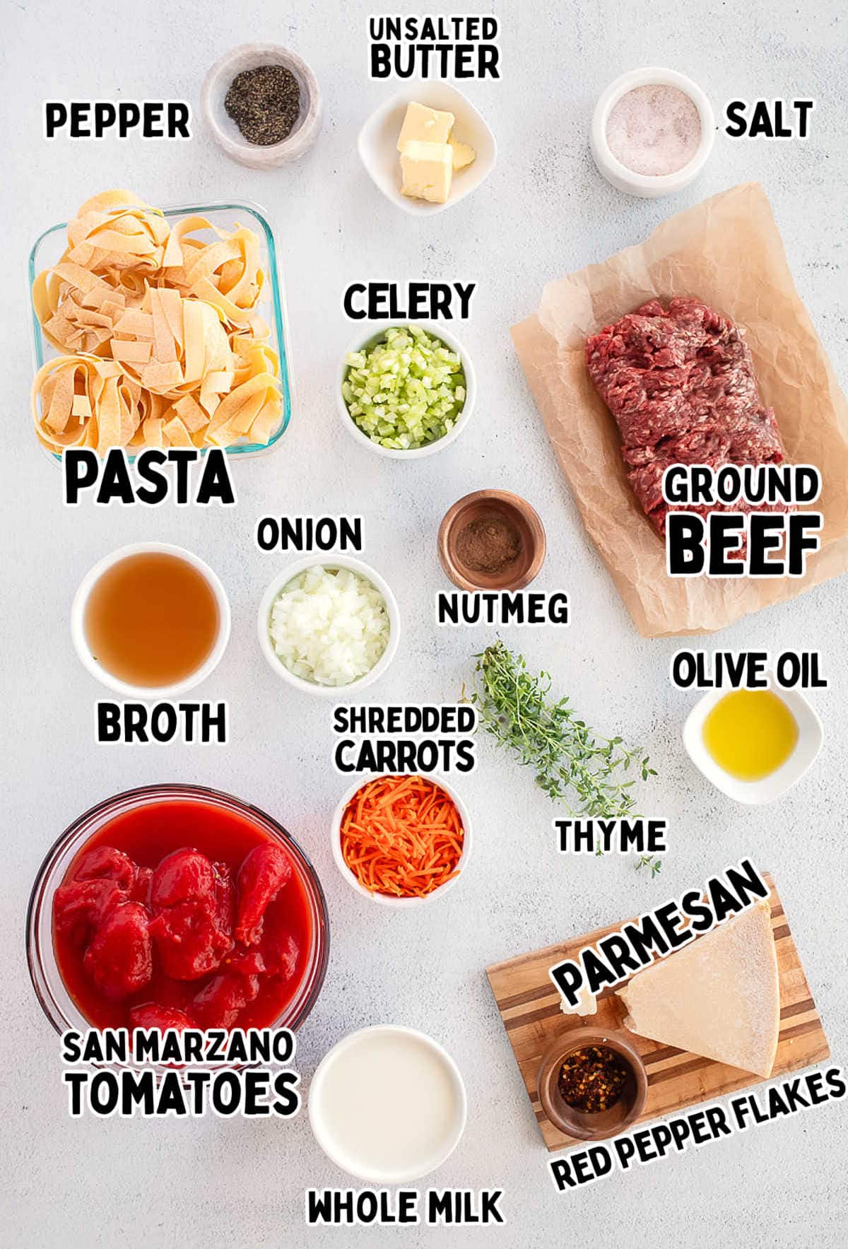 Ingredients needed to make Bolognese from scratch.