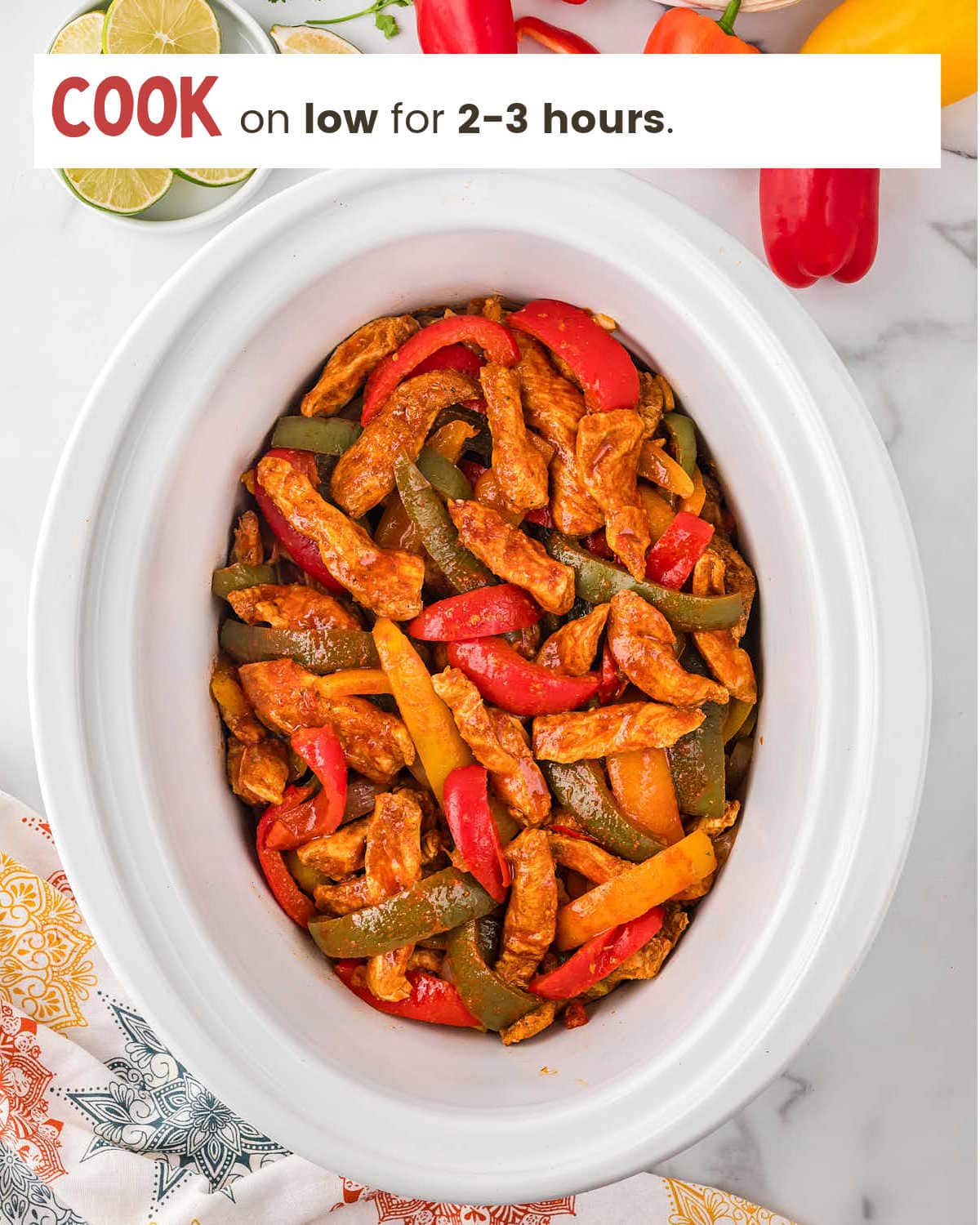 Cooked chicken fajitas in slow cooker.