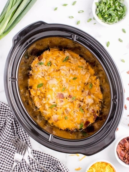 Topdown view of Crack Chicken in a Crock Pot.