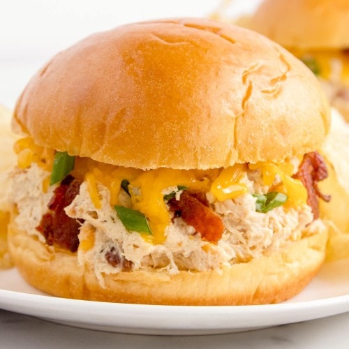 Crockpot Crack Chicken served on burger bun.