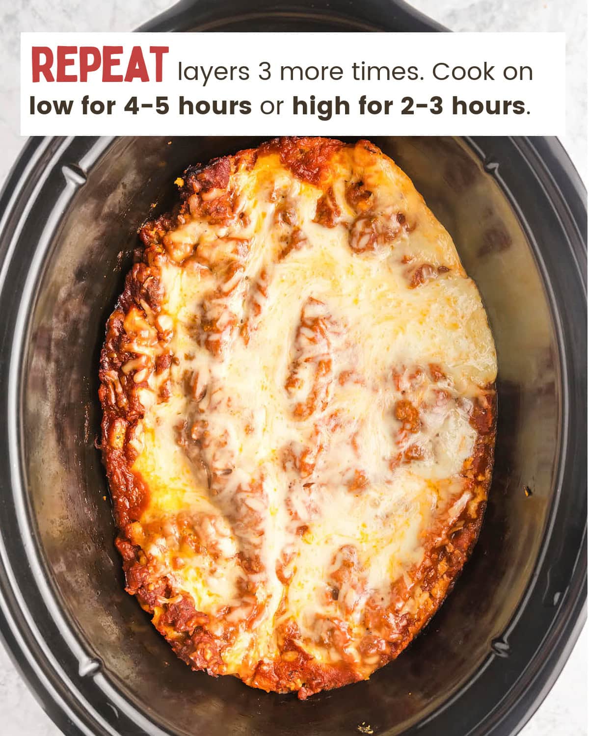 Cooked Crockpot Lasagna in slow cooker.