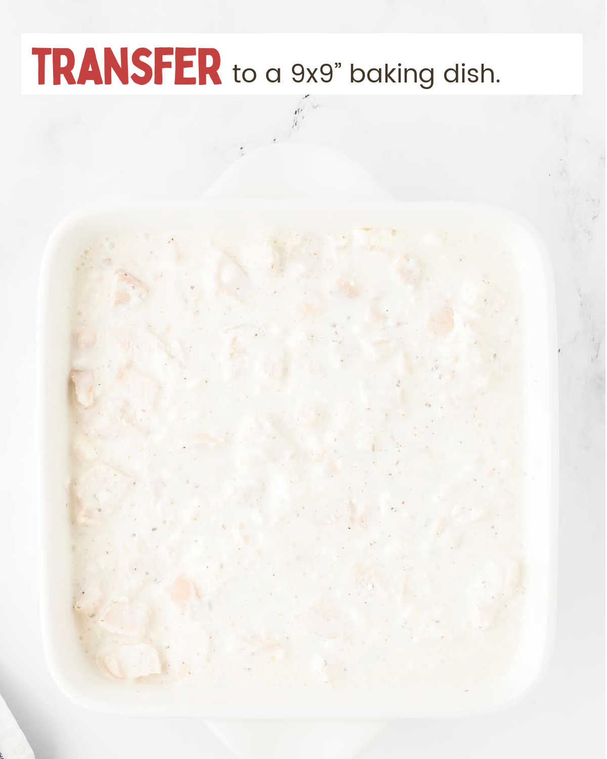 Adding Million Dollar Chicken mix to a casserole dish.
