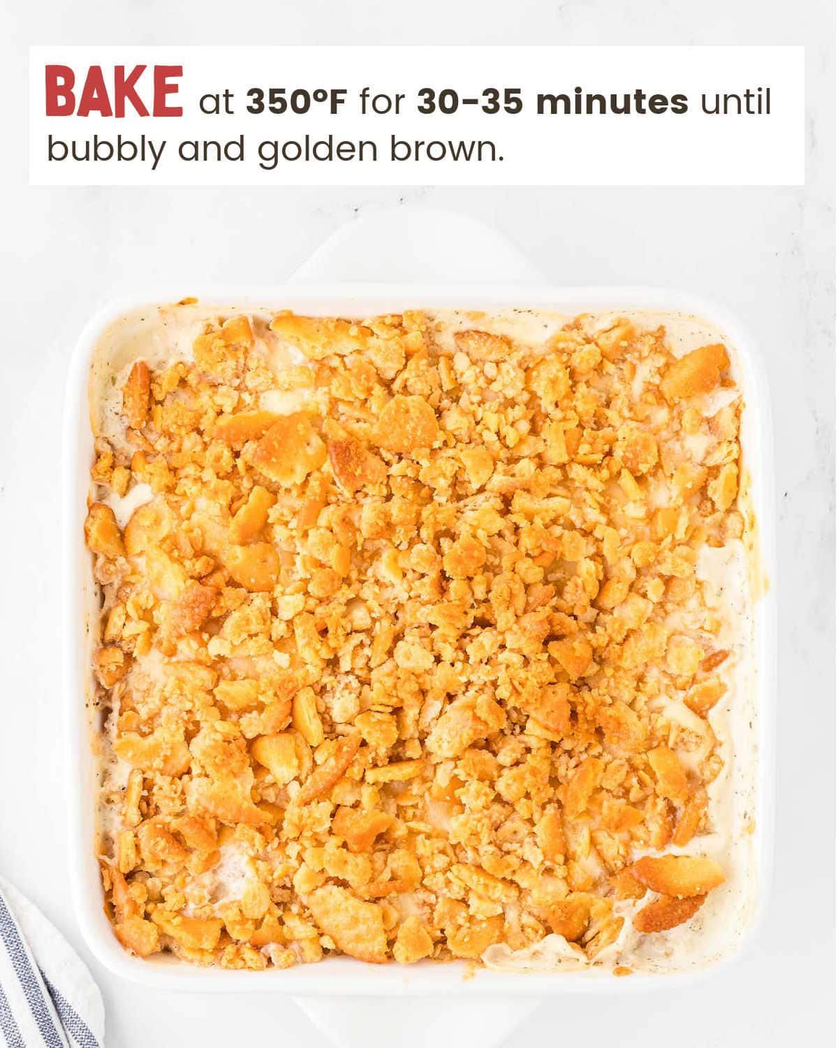 Baked Million Dollar Chicken Casserole in a baking dish.